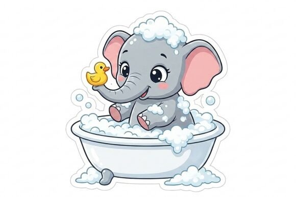 Baby Elephant in Bathtub Rubber Duck and Cute Baby Elephant Sticker PNG Collection