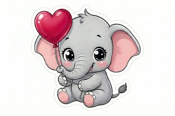 Cute Baby Elephant with Heart Balloon
