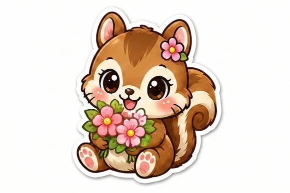 Cute Baby Squirrel with Flower Bouquet